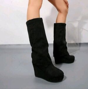 Black Wedge Knee-High Boots - Women's Fashion Boots